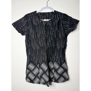 Scrub Works Womens XS Black White Geometric Dot Print V-Neck Scrub Top